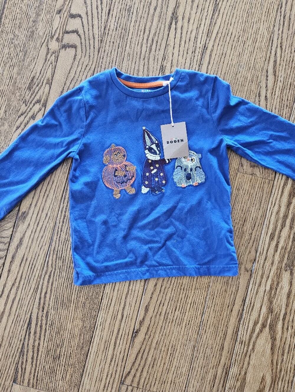 New Mini Boden Halloween Embroidered Long Sleeve Crew Tee Shirt 4Y-5Y NWT Blue
